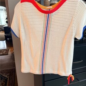 MOTHER Cream Knit Short-Sleeve Top with Red Neckline & Multicolor Stripe